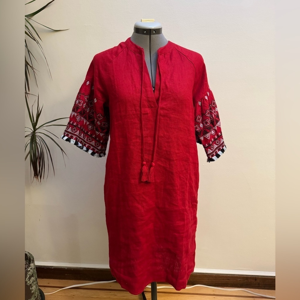 Neiman Marcus Red Linen Dress with Embroidered sleeves